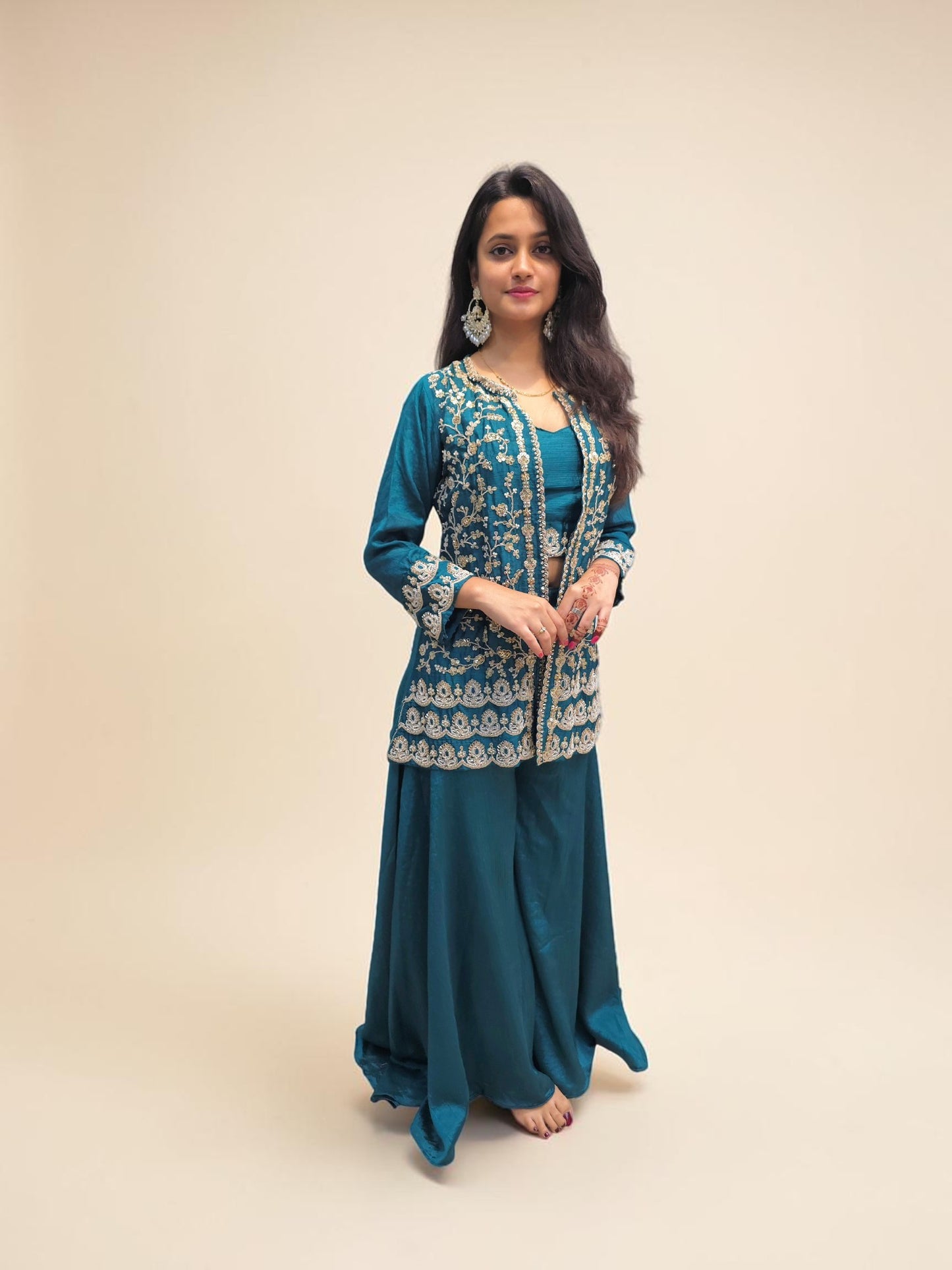 Festive teal crop top palazzo set with jacket