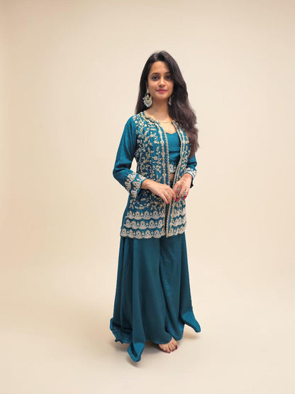 Festive teal crop top palazzo set with jacket