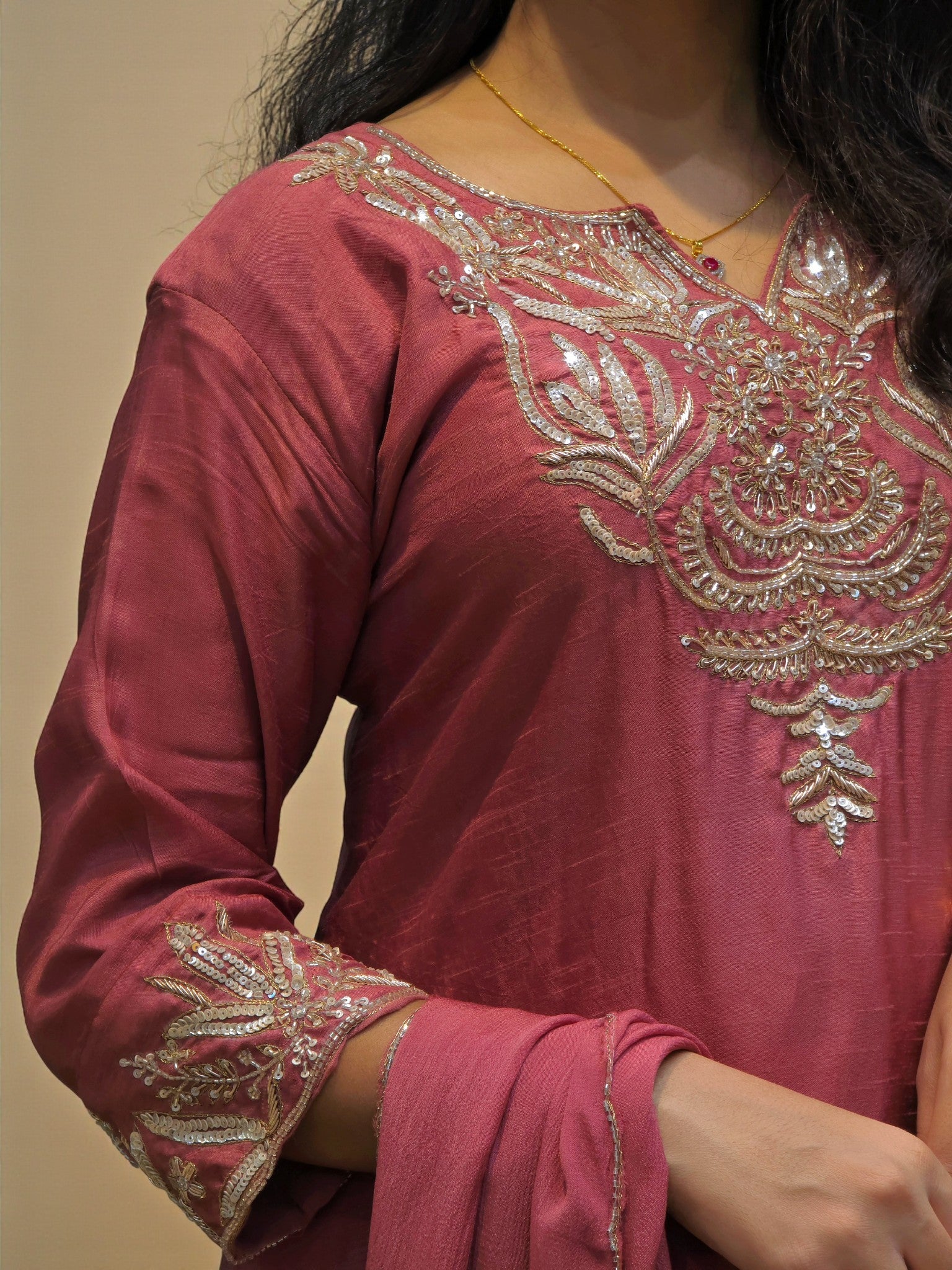 Elegant rose pink zardozi short kurta with dupatta
