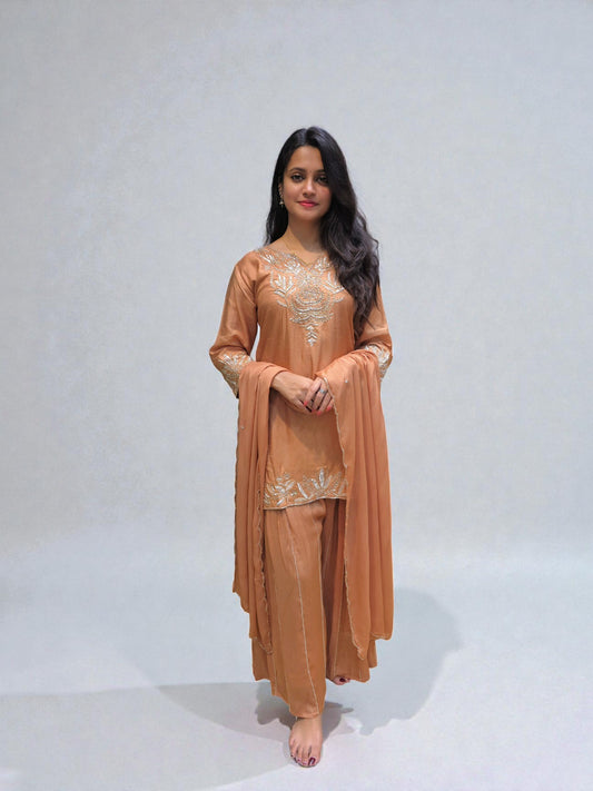 Zardozi handwork short kurta palazzo set in solid festive shade