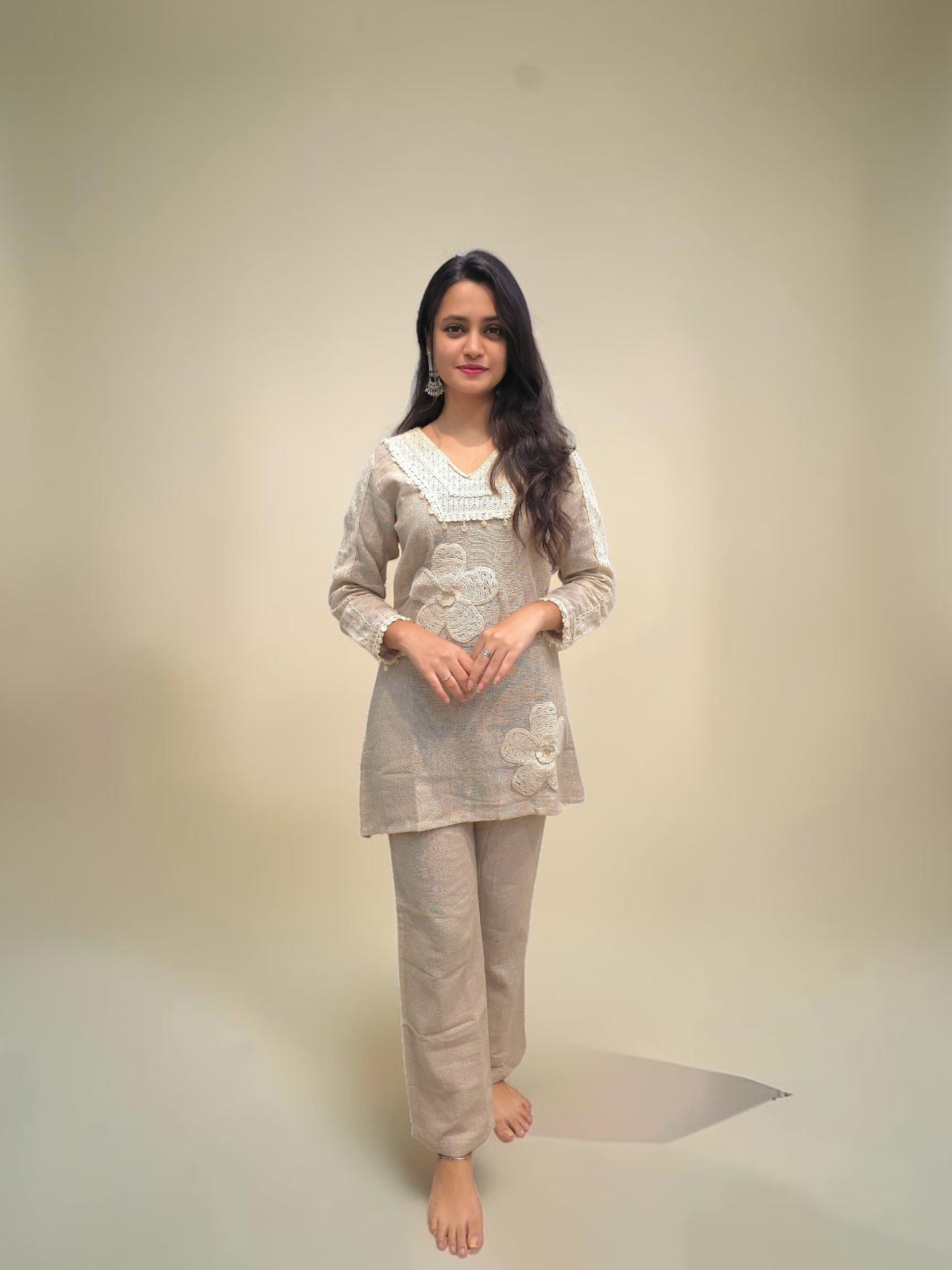 Women's premium jute co-ord set with handcrafted embroidery