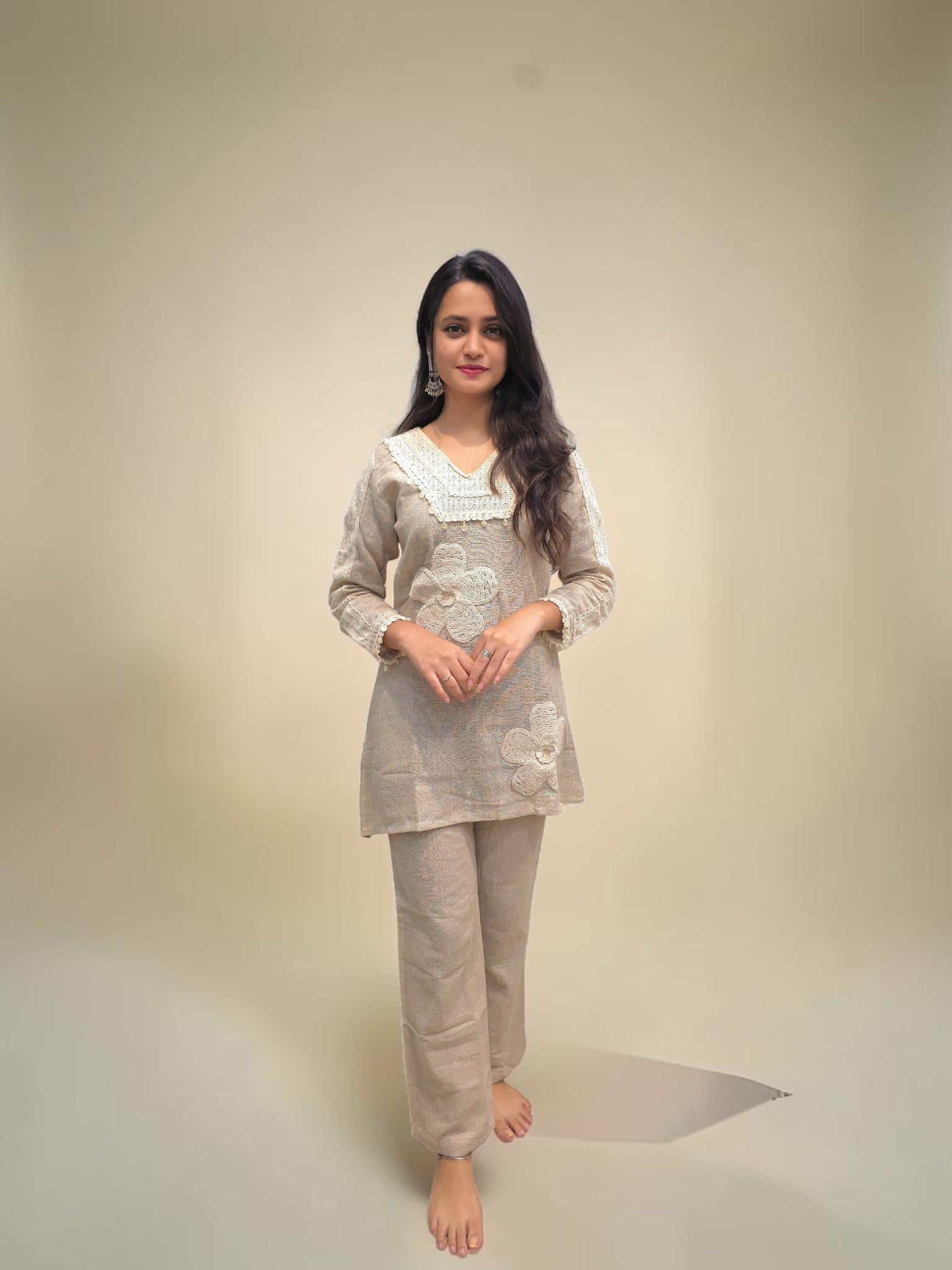 Women's premium jute co-ord set with handcrafted embroidery