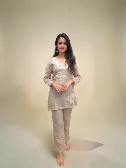 Women's premium jute co-ord set with handcrafted embroidery