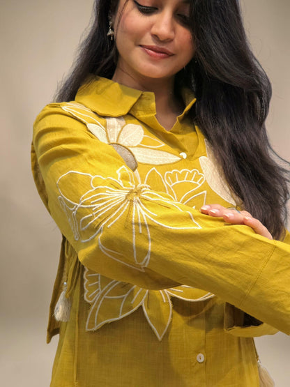 Elegant mustard linen co-ord set for summer wear