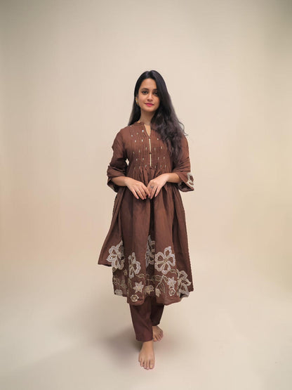 Elegant brown embroidered ethnic suit with matching dupatta