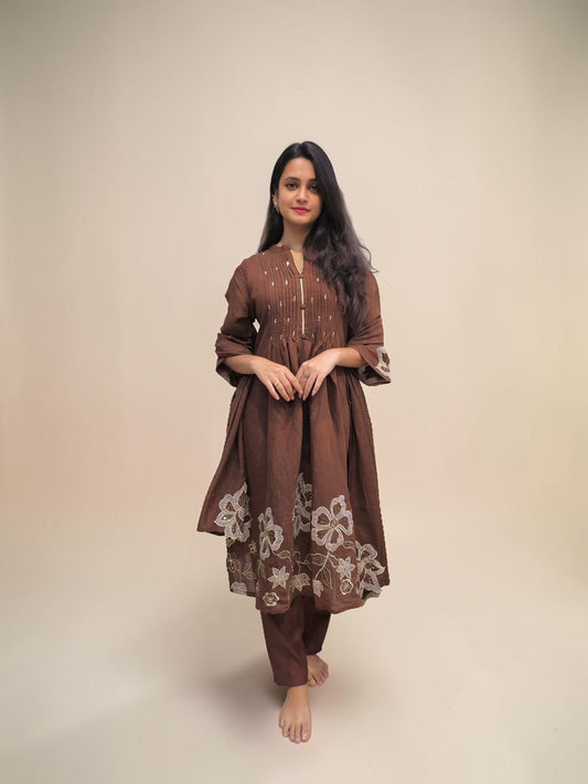 Elegant brown embroidered ethnic suit with matching dupatta