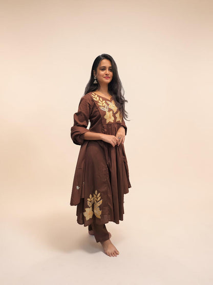 Women's brown embroidered Mul Cotton kurta set with dupatta