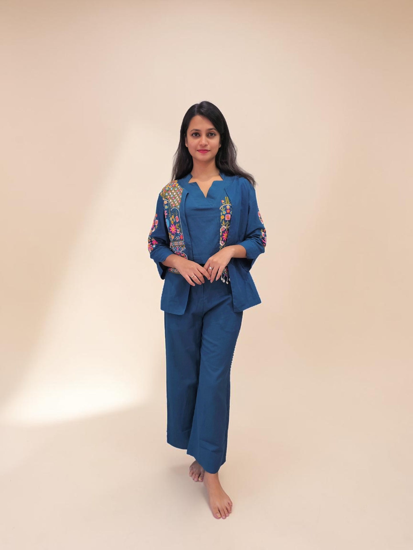 Designer blue co-ord set for women with embroidered overlay jacket