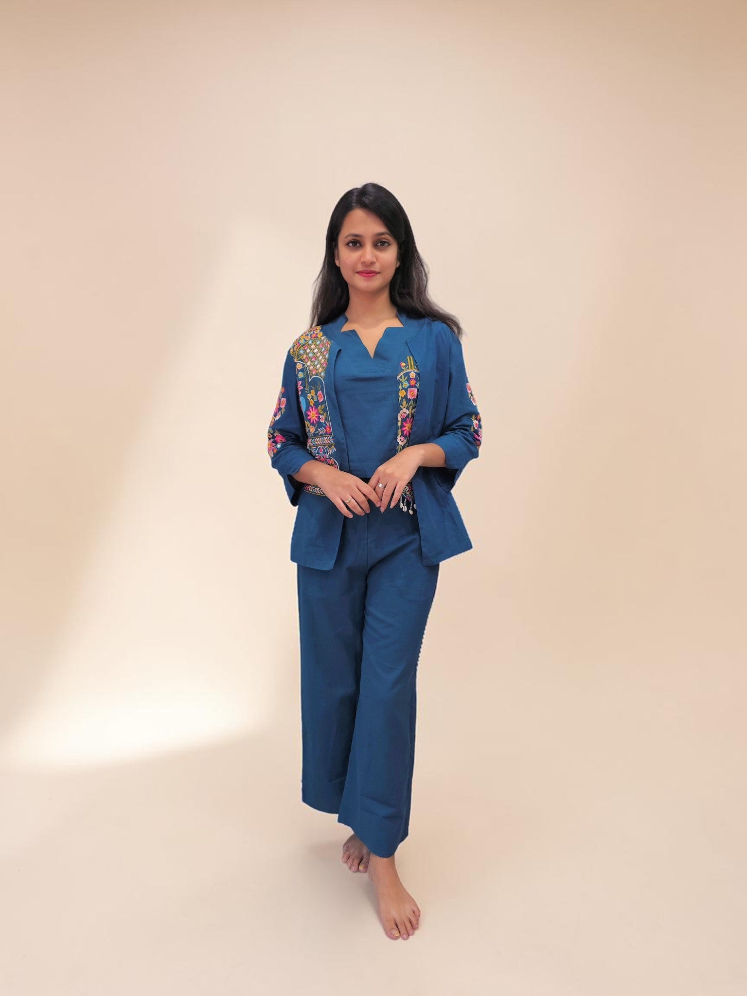 Designer blue co-ord set for women with embroidered overlay jacket