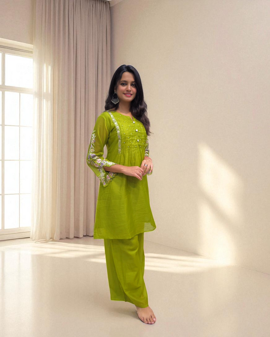 Floral Embroidery green Cord Set with Palazzo 