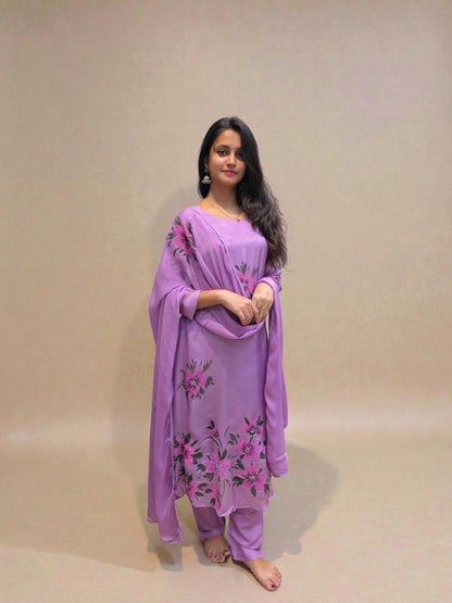 Floral handwork detailing on pure chinnon A-line kurta set front view