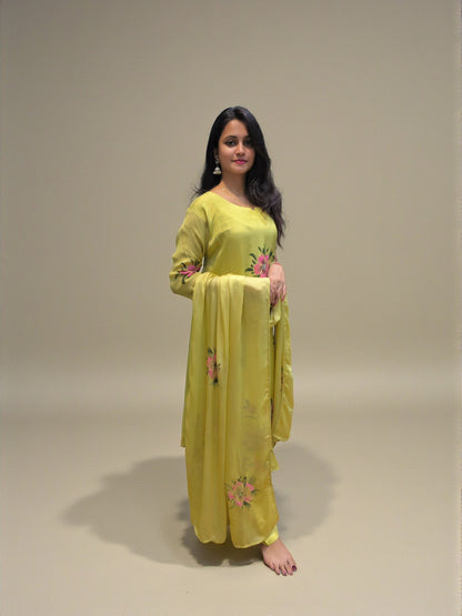 Floral handwork detailing on pure chinnon A-line kurta set