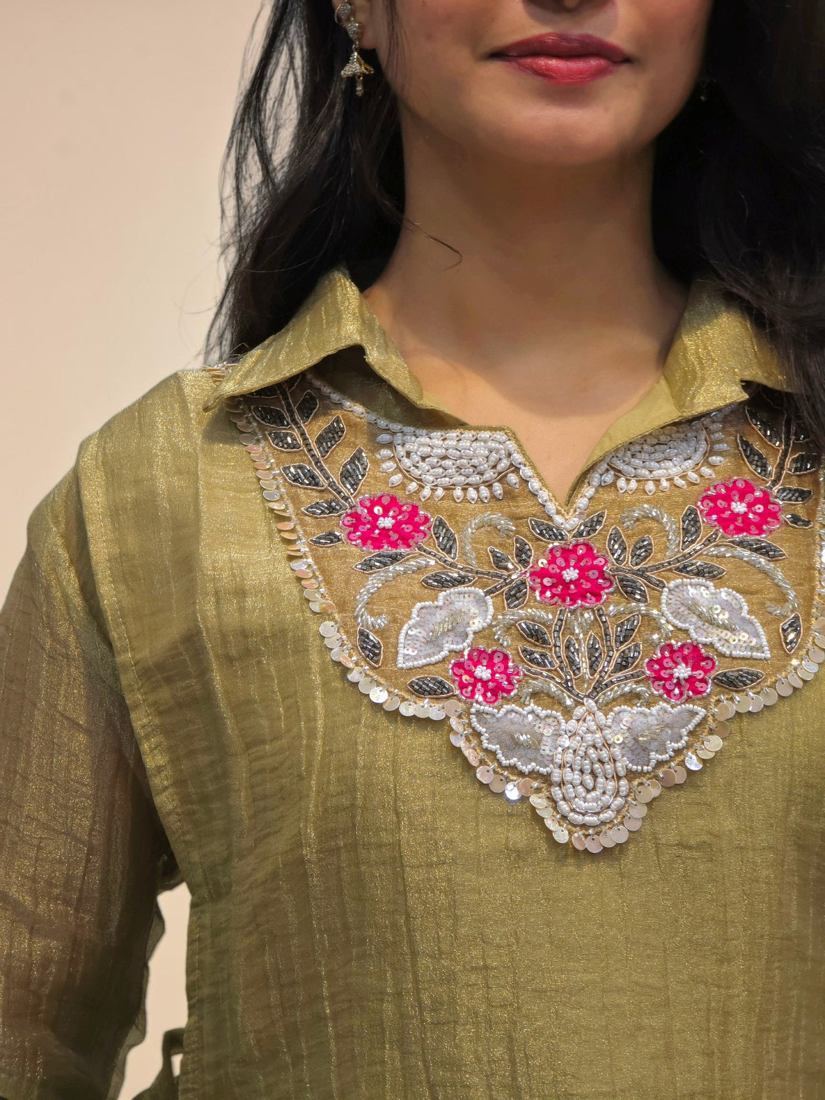 Designer beige ethnic co ord set with embroidered neckline