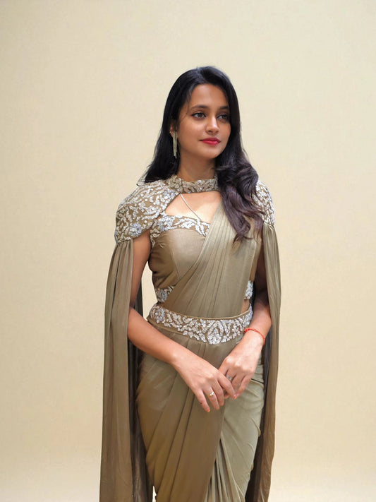 Designer gold Indo-Western saree with embroidered details