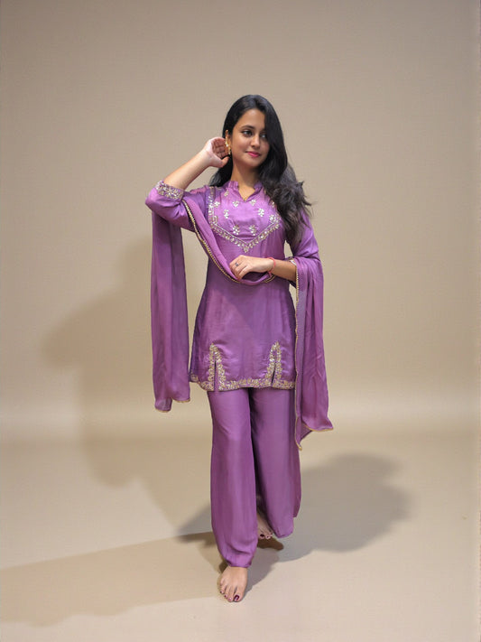 Gota patti handwork kurta palazzo set for women in elegant purple shade