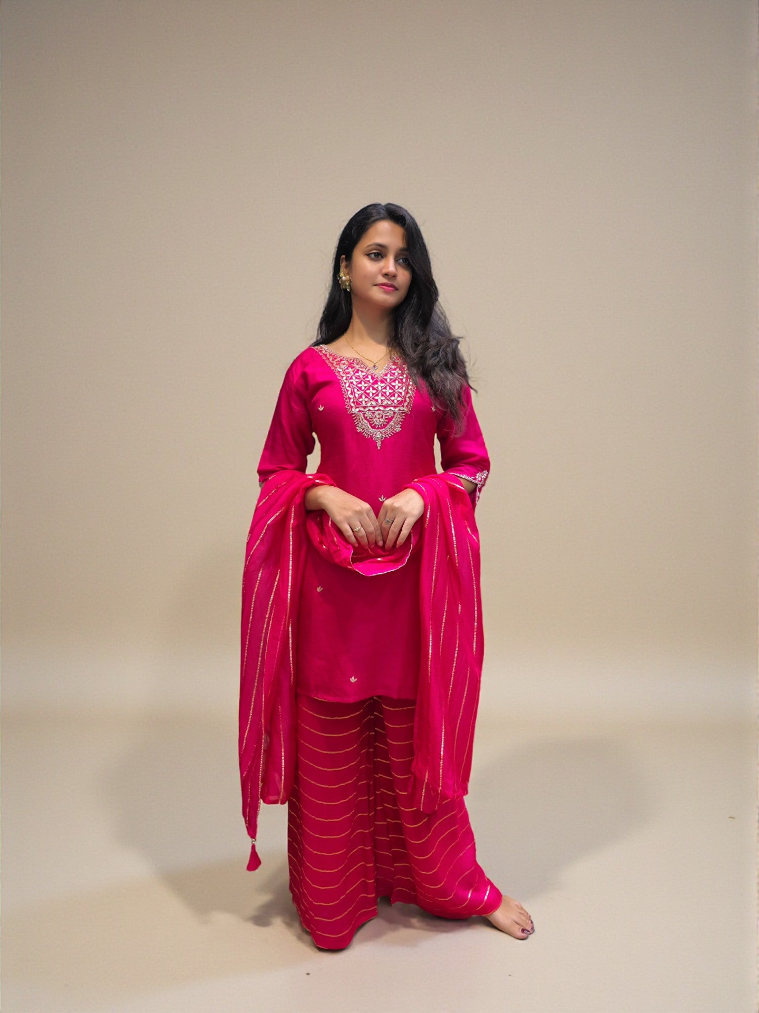 Gota patti zardozi handwork kurta palazzo set for women in Hot Pink