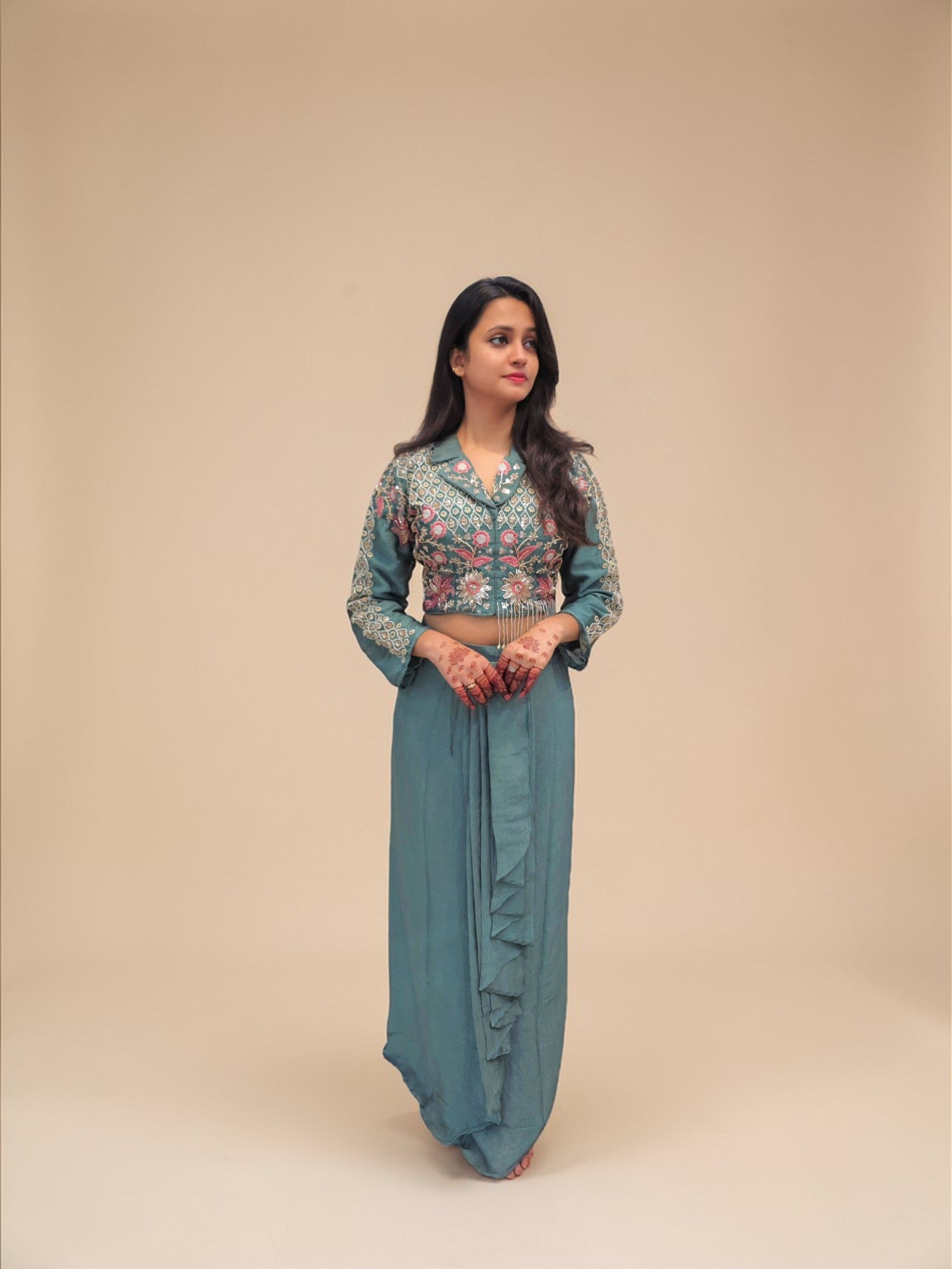 Green heavy handwork crop top tulip skirt for mehendi function