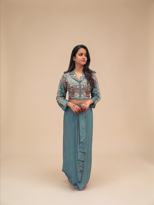 Green heavy handwork crop top tulip skirt for mehendi function