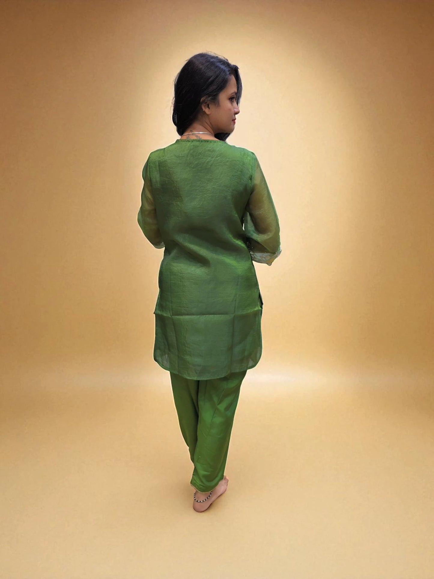 back view of Green floral embroidered co-ord set – Ambika Boutique ethnic wear