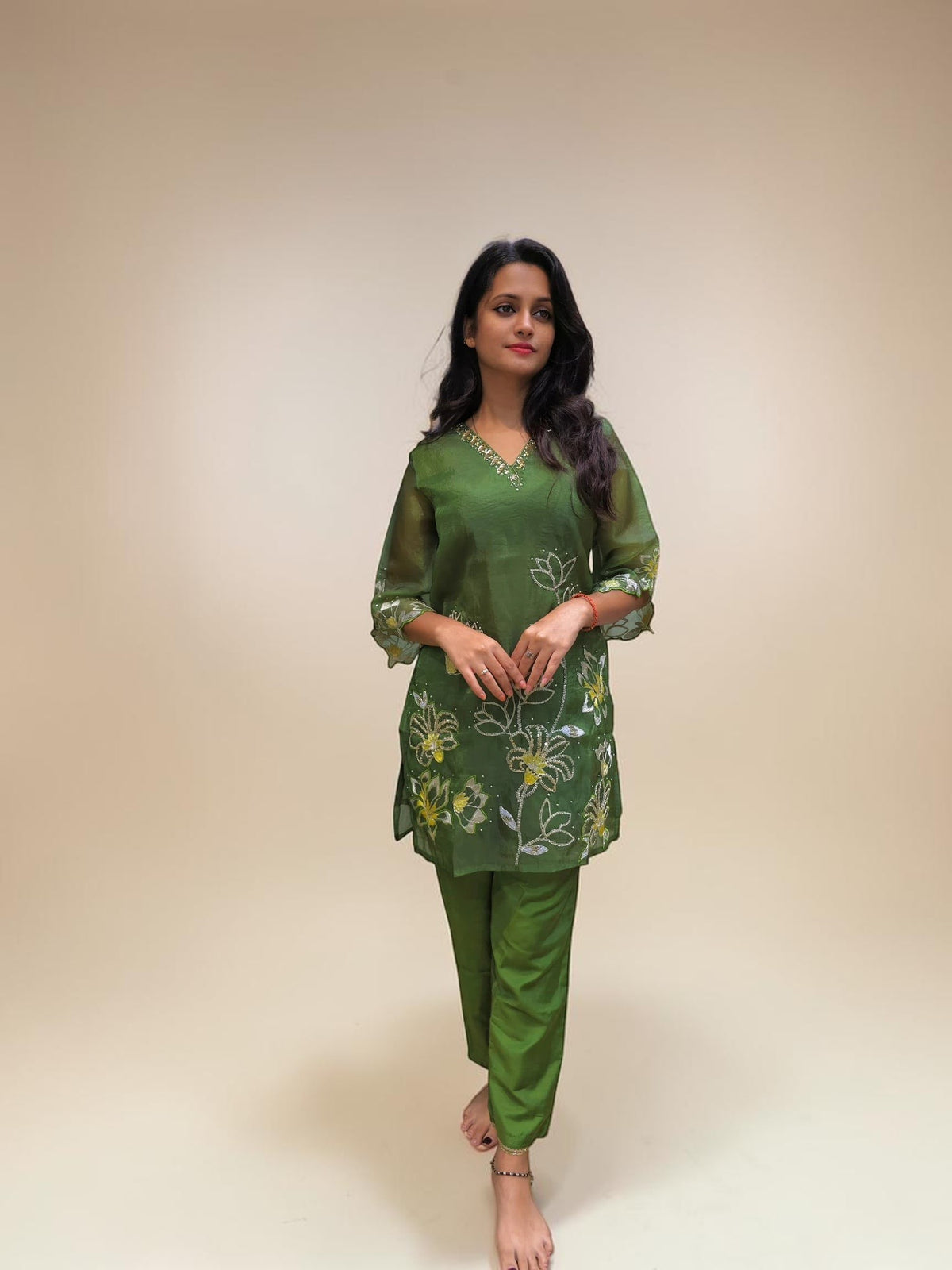 Green embroidered co-ord set with floral design – Ambika Boutique