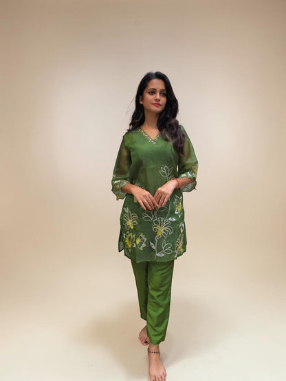 Green embroidered co-ord set with floral design – Ambika Boutique