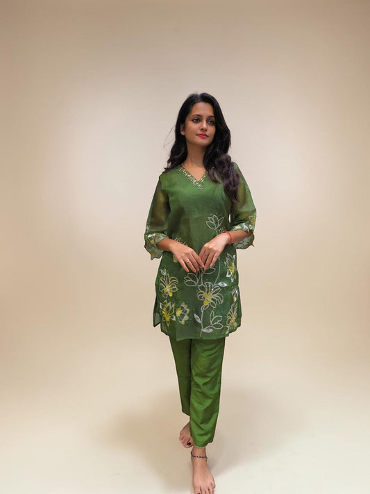 Green embroidered co-ord set with floral design – Ambika Boutique