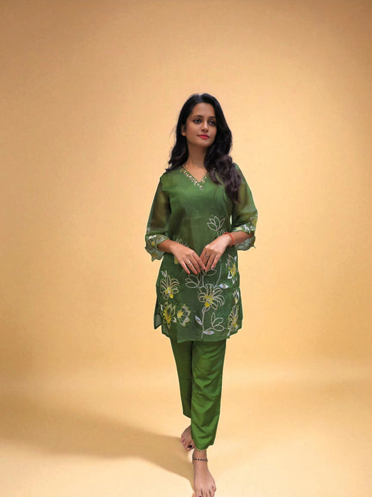 Green embroidered co-ord set with floral design – Ambika Boutique