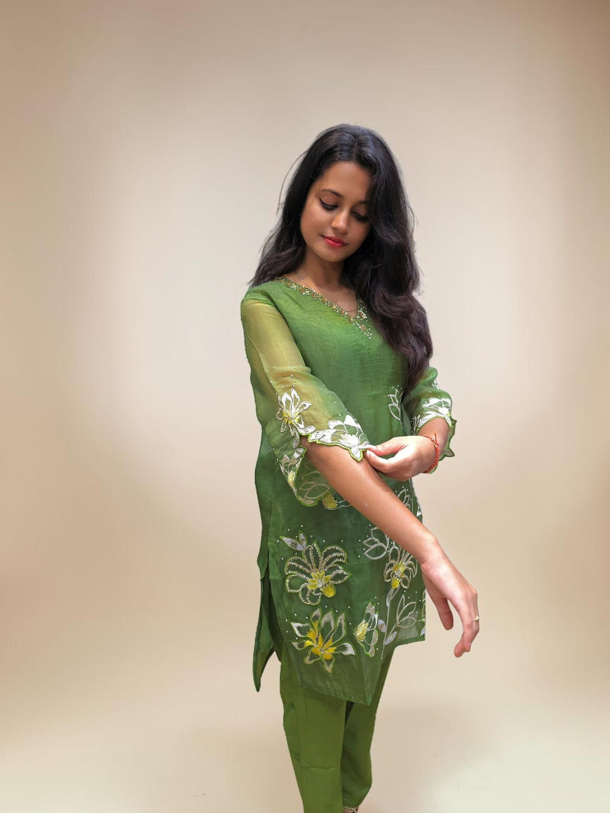 Green ethnic co-ord outfit with embroidery for women
