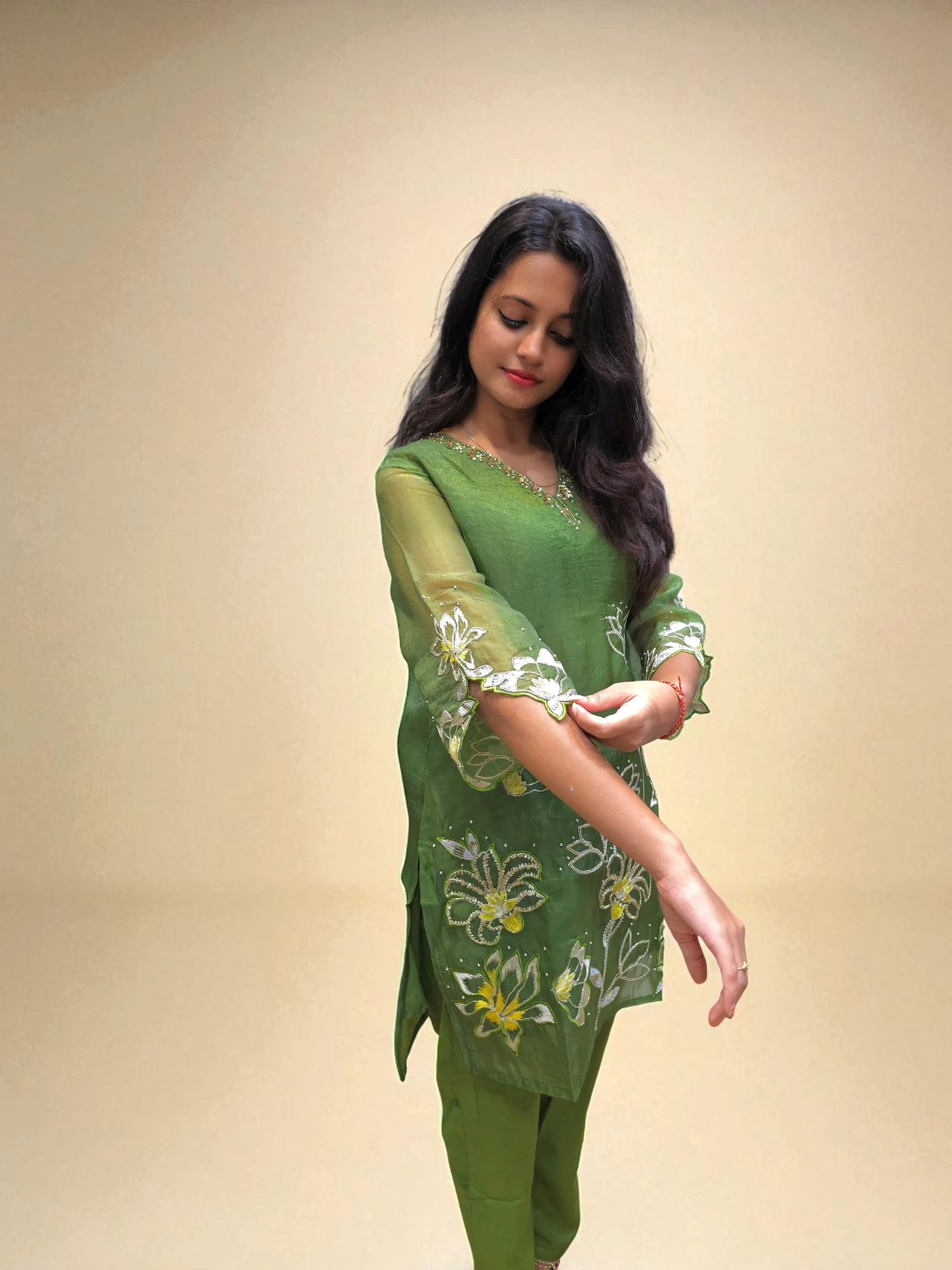 Green ethnic co-ord outfit with embroidery for women