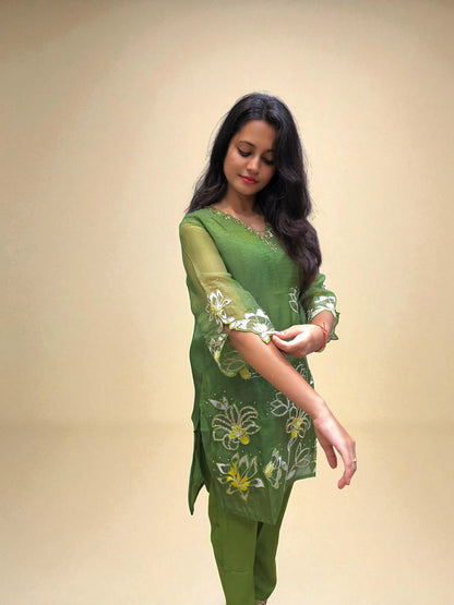 Green ethnic co-ord outfit with embroidery for women