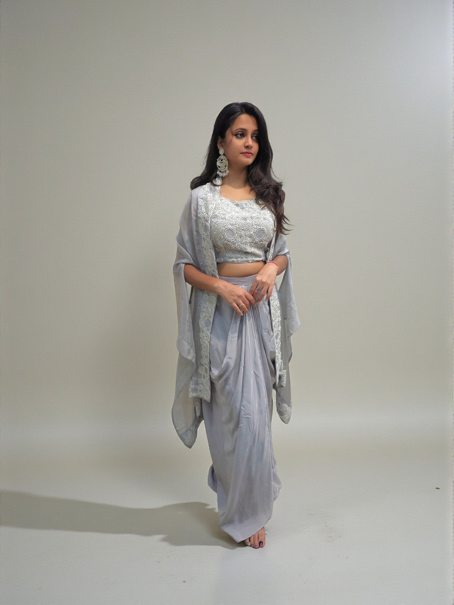 Grey crop top dhoti skirt with embroidered cape for women