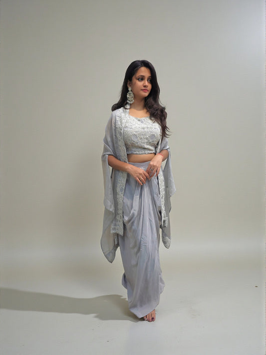 Grey crop top dhoti skirt with embroidered cape for women