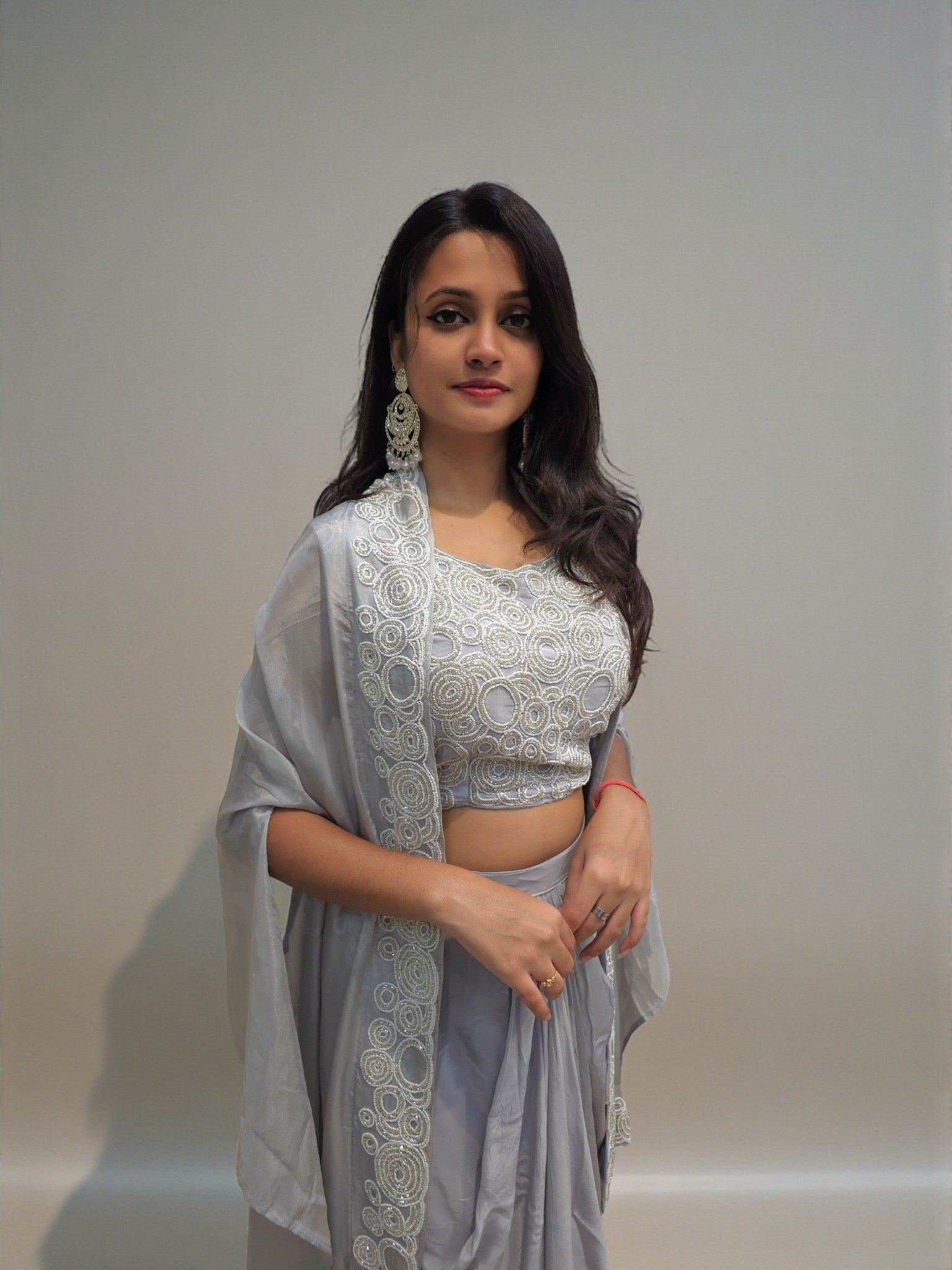 Indo-western grey crop top and dhoti skirt set with cape