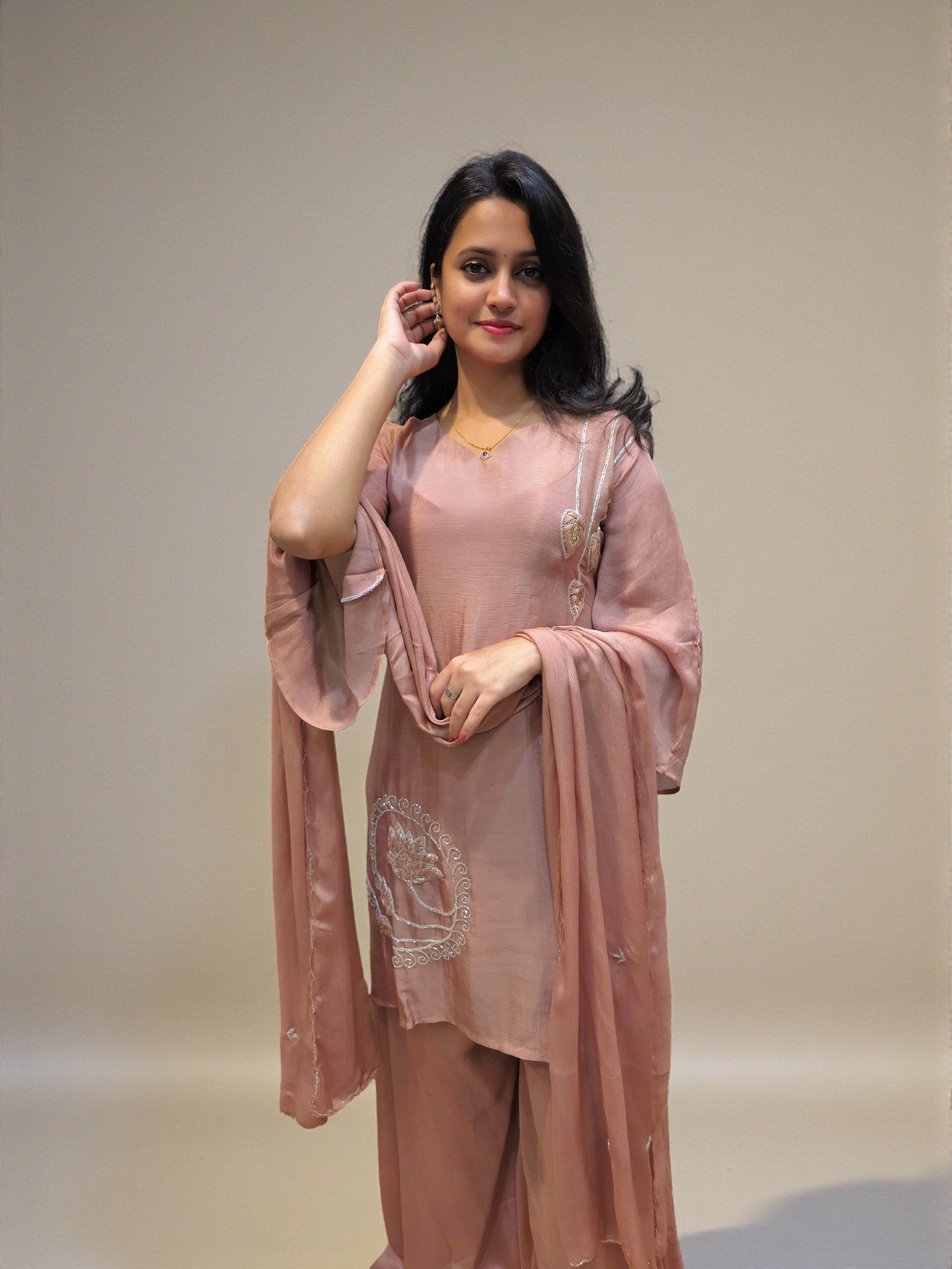 Elegant chocolate chinnon short kurta with palazzo pants