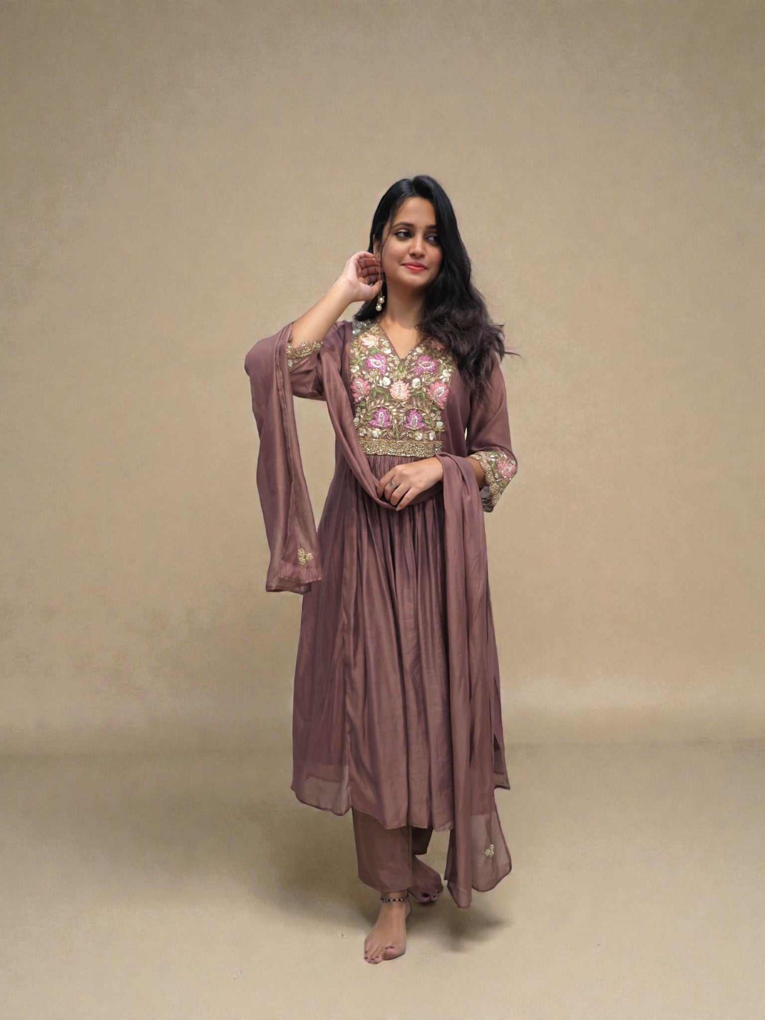 Hand embroidered mul chanderi suit in brown shade – Ambika Boutique