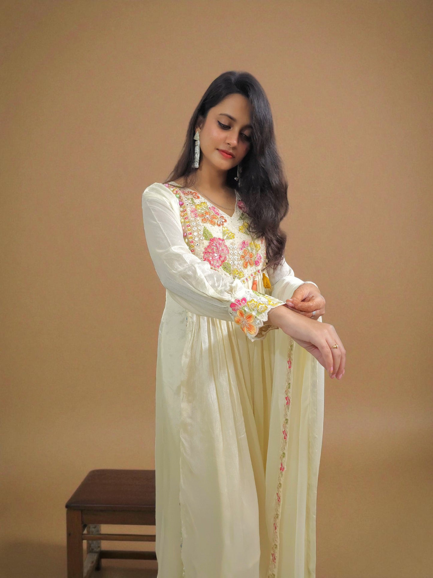 Hand-embroidered chinnon silk kurta and dupatta set for women