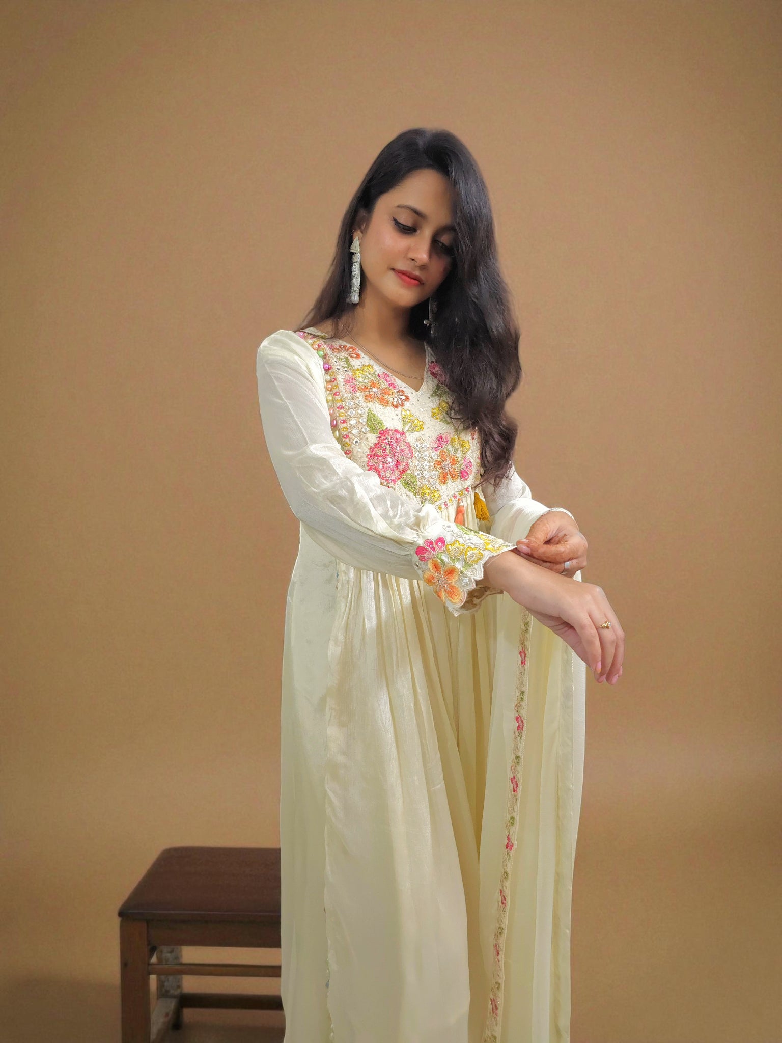 Hand-embroidered chinnon silk kurta and dupatta set for women