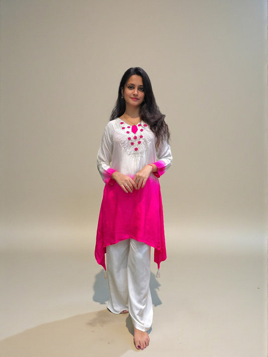 Women’s ombre white pink kurta palazzo cord set with intricate hand embroidery