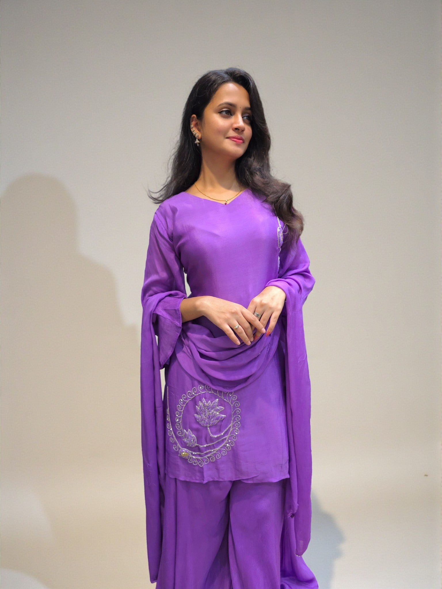 Elegant purple chinnon short kurta palazzo for festive wear