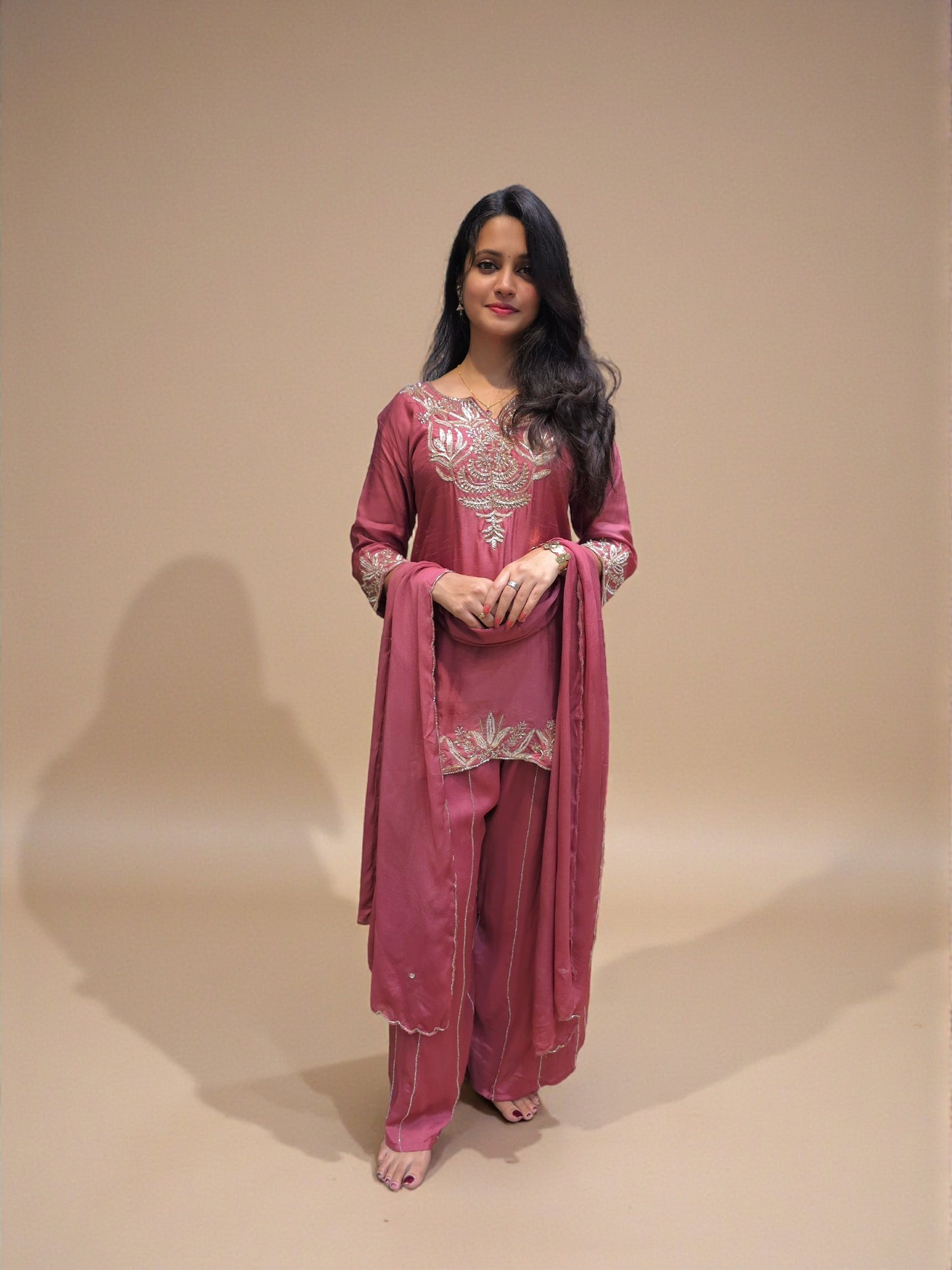 Hand embroidered zardozi short kurta palazzo suit 