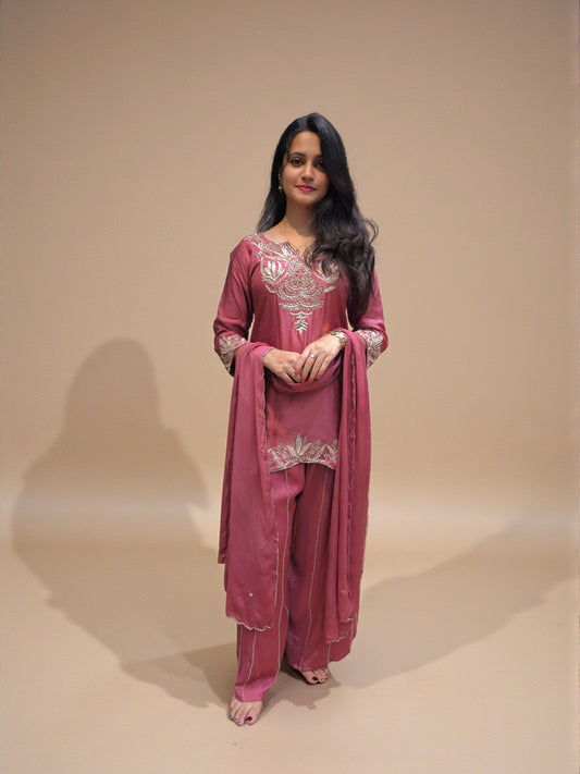Hand embroidered zardozi short kurta palazzo suit 