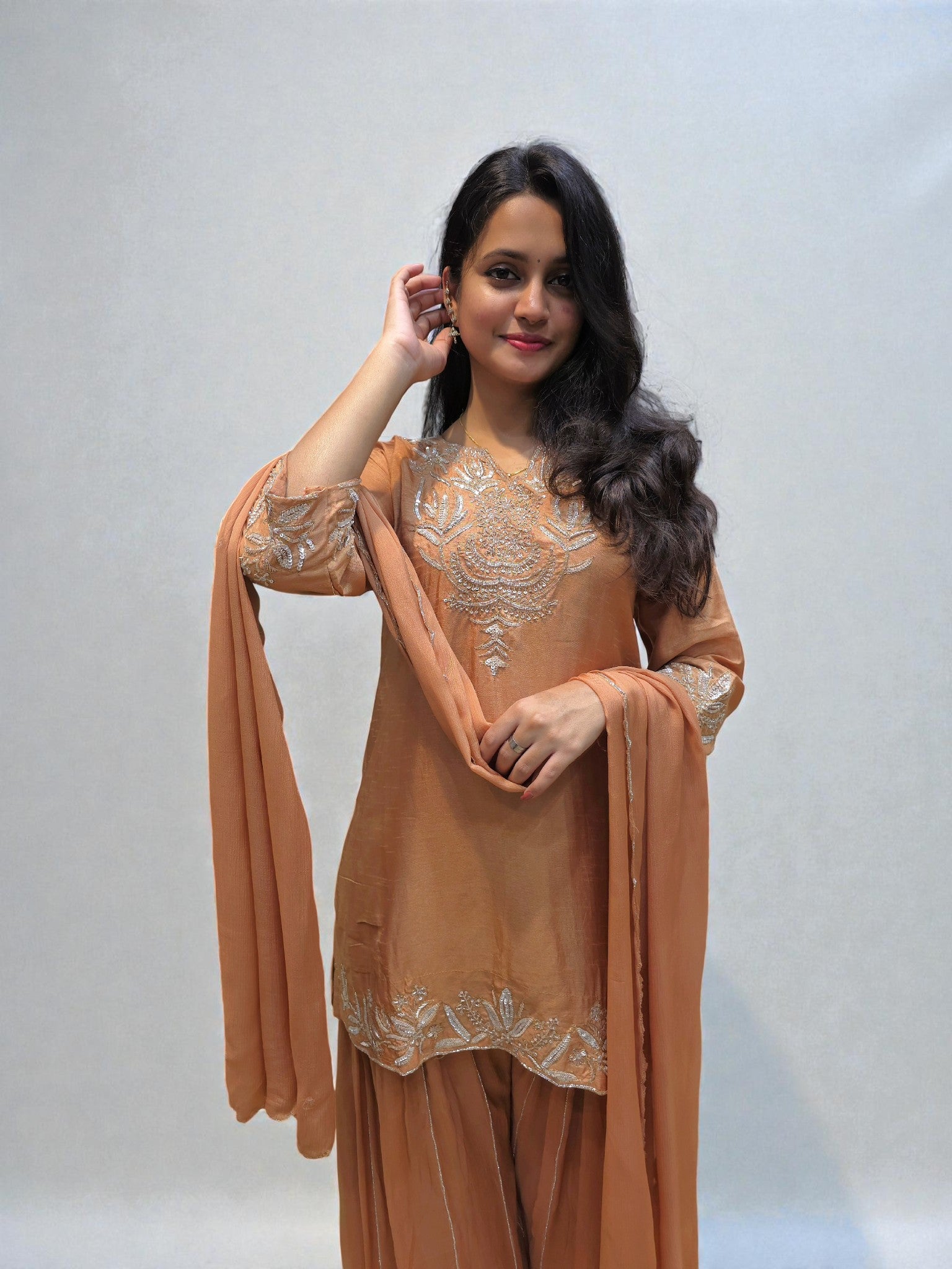 Luxury zardozi embroidered kurta with flowy palazzo pants