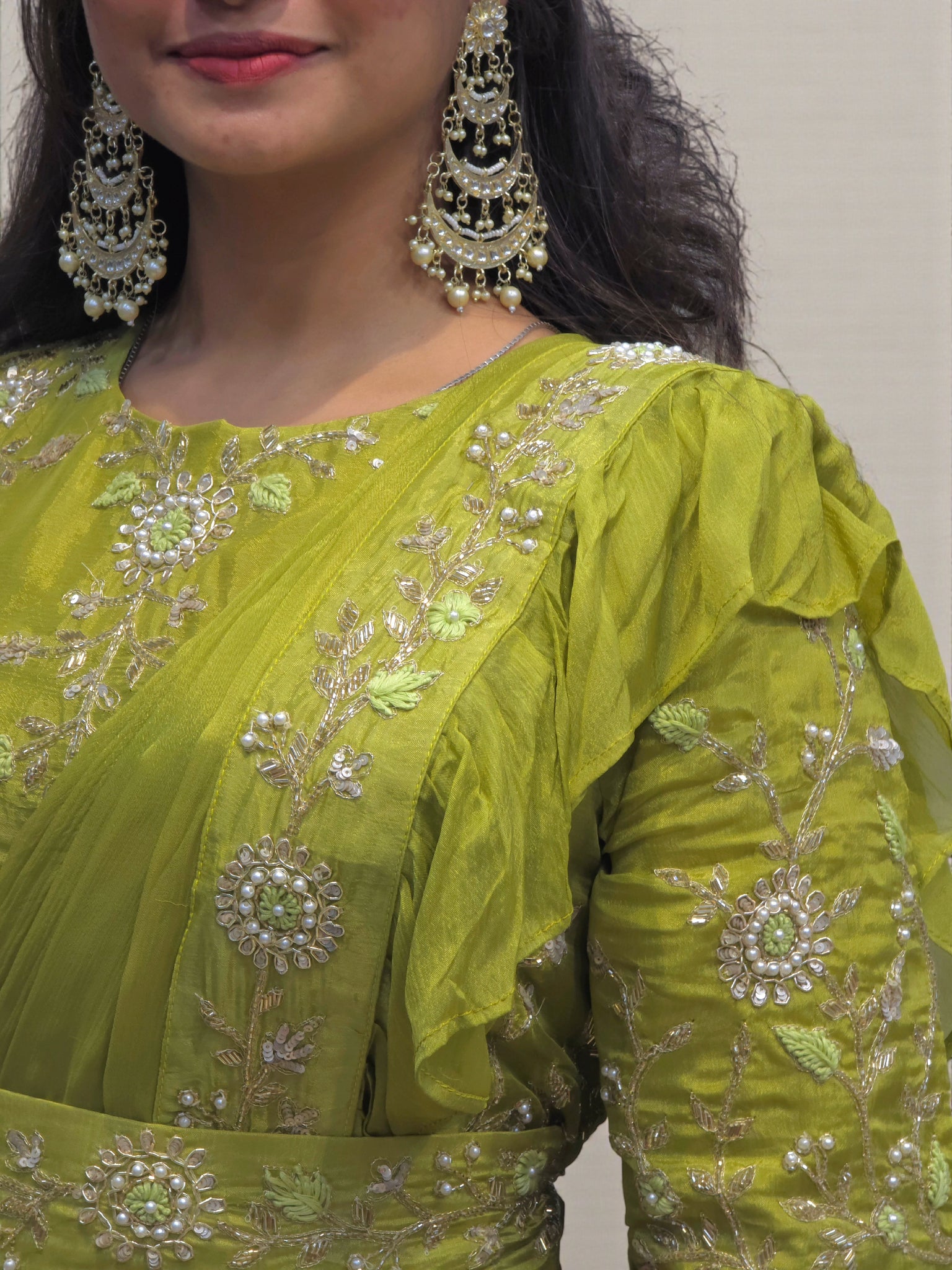 Embroidered crop top and ruffle dupatta ethnic outfit for women