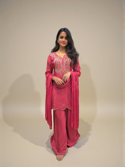 Heavy zardozi handwork kurta palazzo suit with dupatta front view