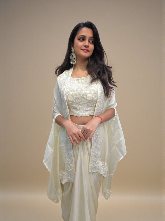 Elegant ivory indo-western crop top and dhoti skirt with cape