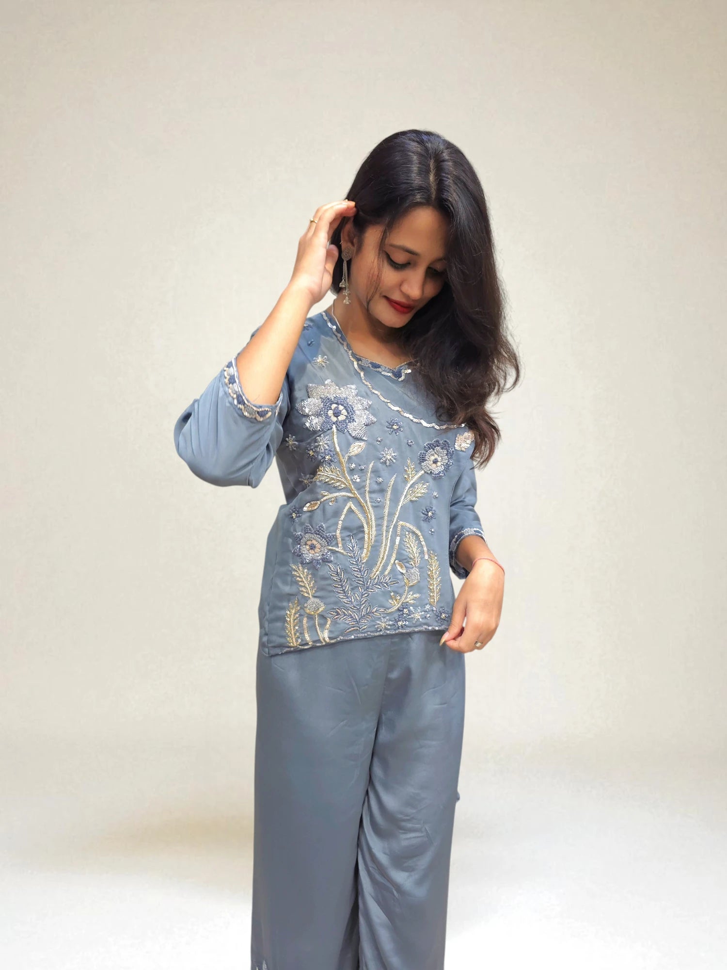 Indo-western blue gray outfit for festive and party wear