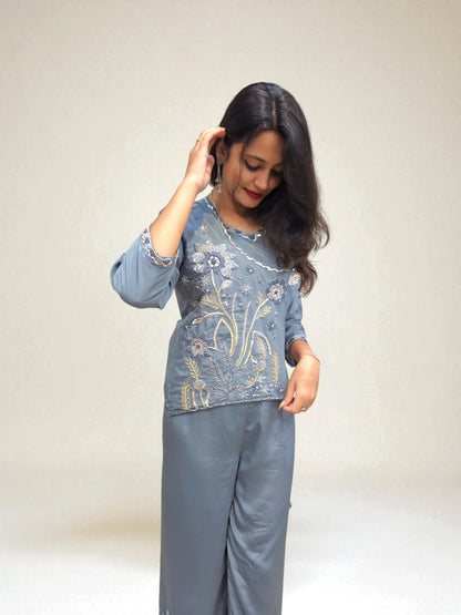 Indo-western blue gray outfit for festive and party wear
