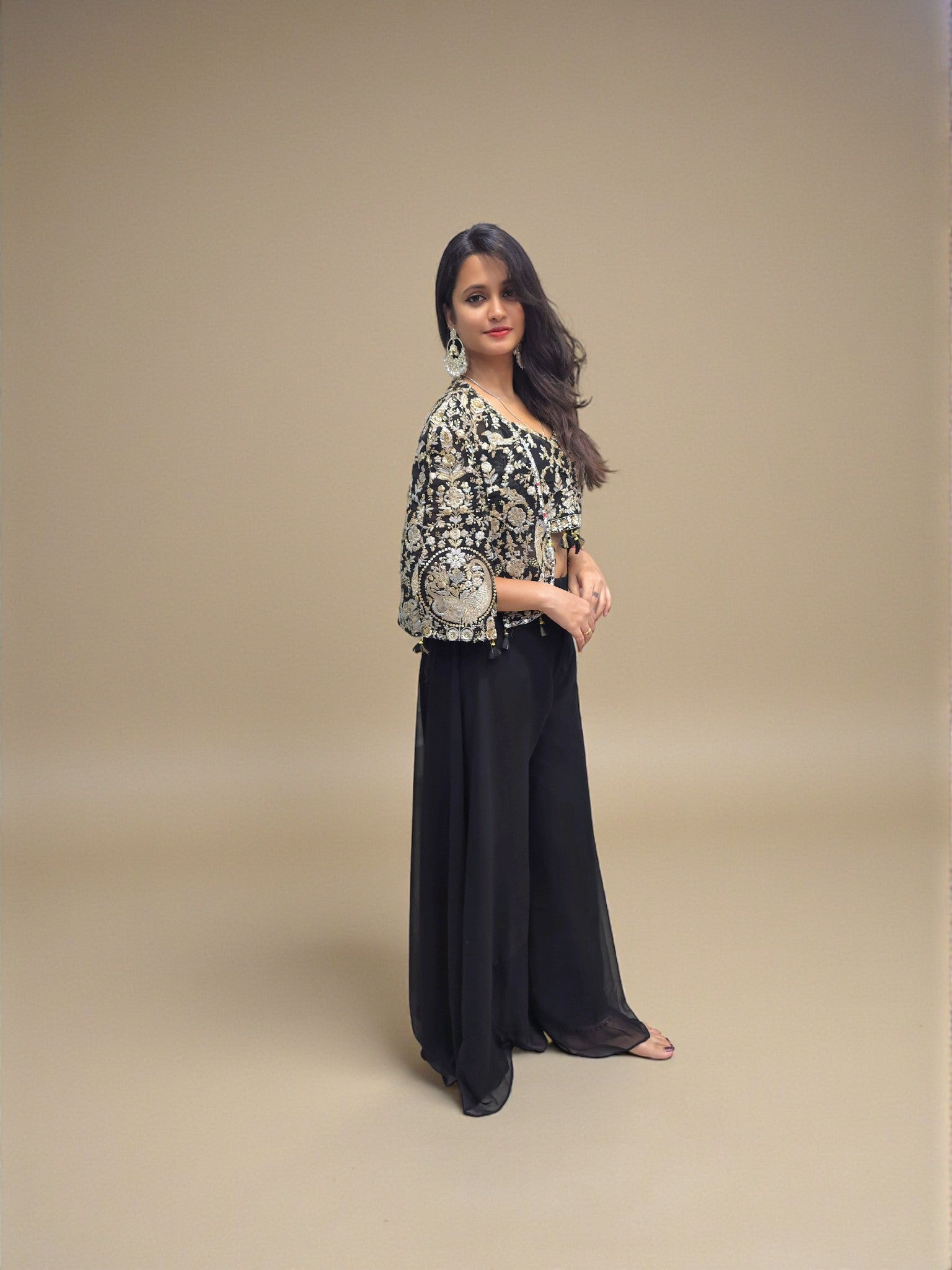 Indo western black palazzo outfit with embroidered blouse