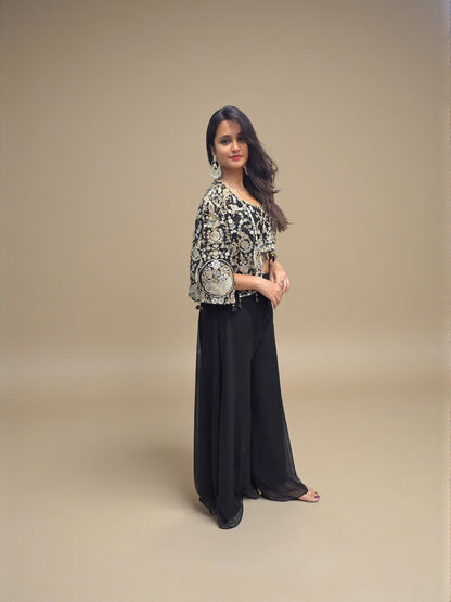 Indo western black palazzo outfit with embroidered blouse