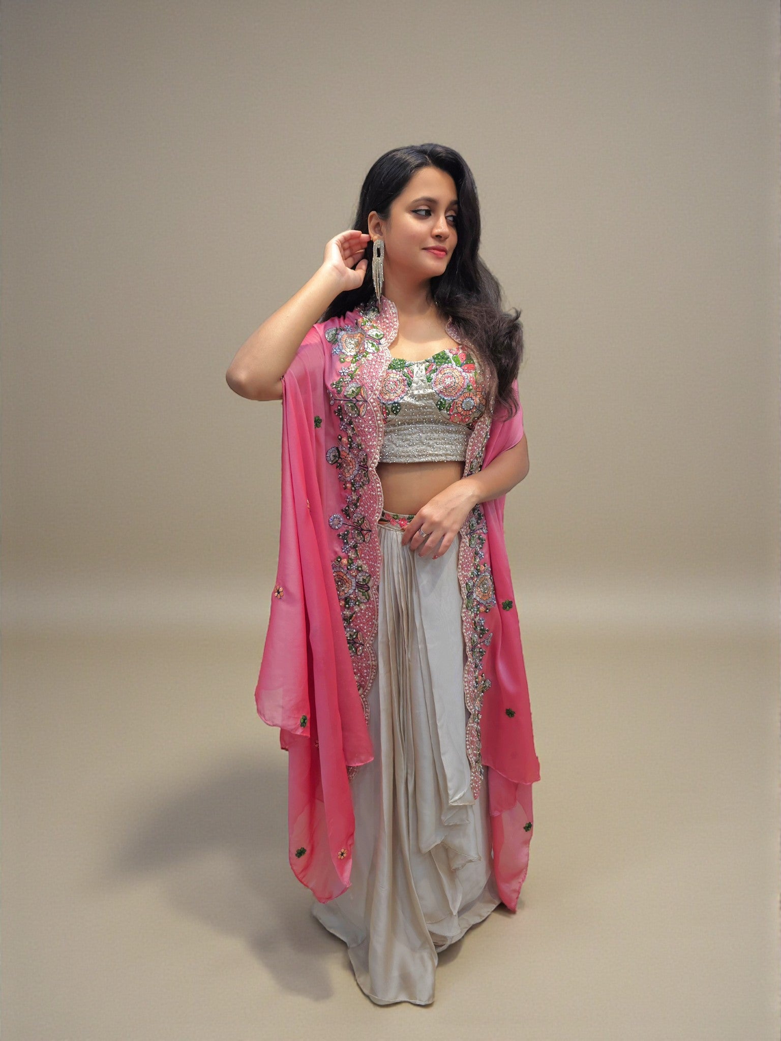 Indo western crop top dhoti skirt set with hand embroidered shrug